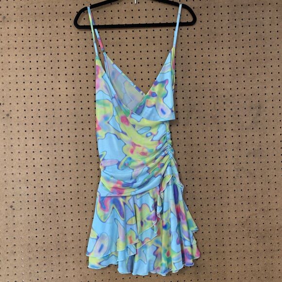Urban Outfitters Silence & Noise Alex Blue Blur Print Ruffle Rave Mini Dress LG - Picture 1 of 6